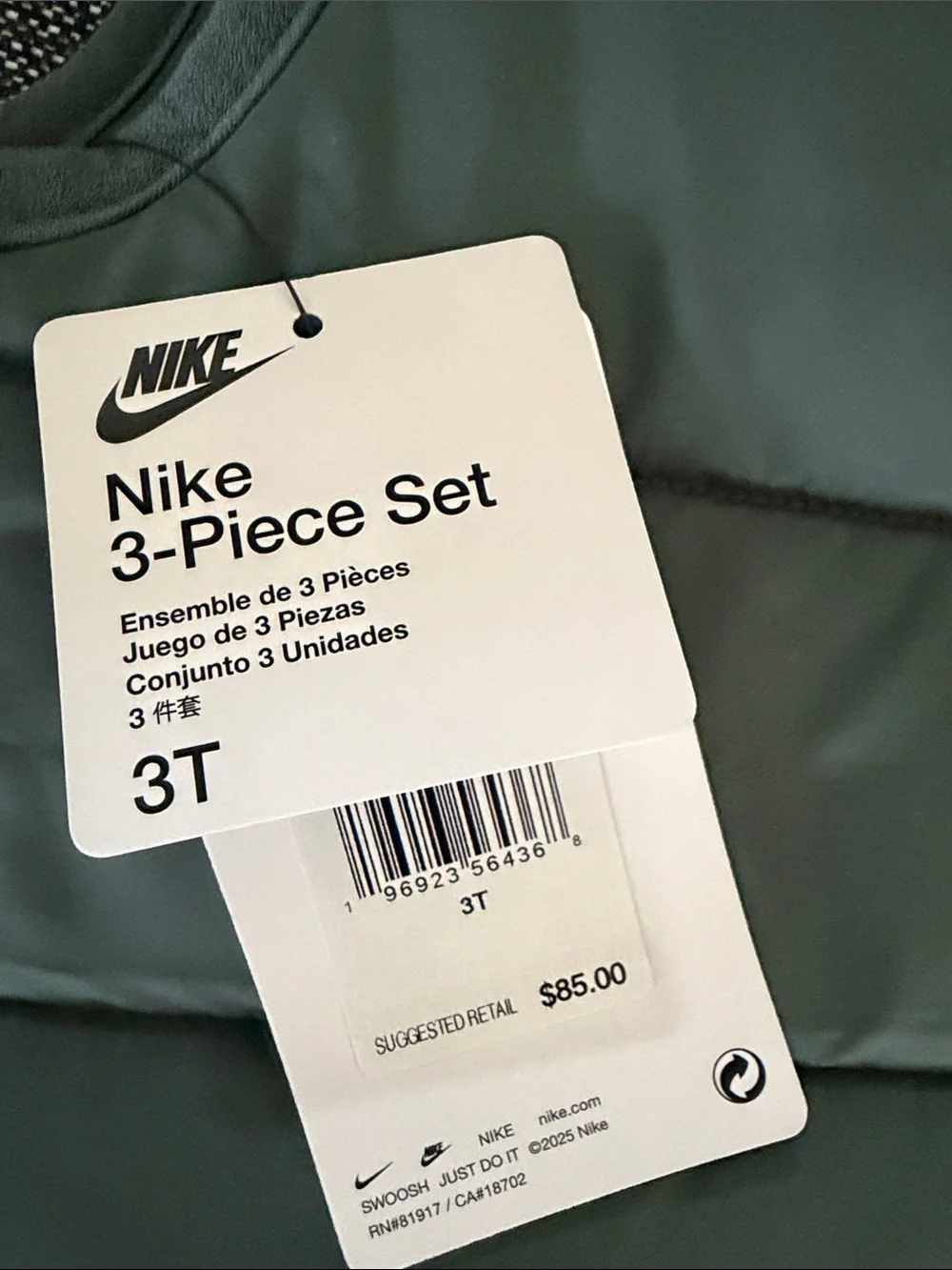 Nike Kids Puffer Vest in Olive Green and Cream Checker 